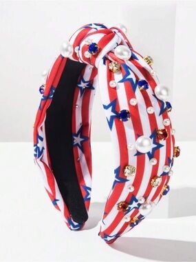 Patriotic Red White Blue‎ Knotted Headband with Pearls & Gems